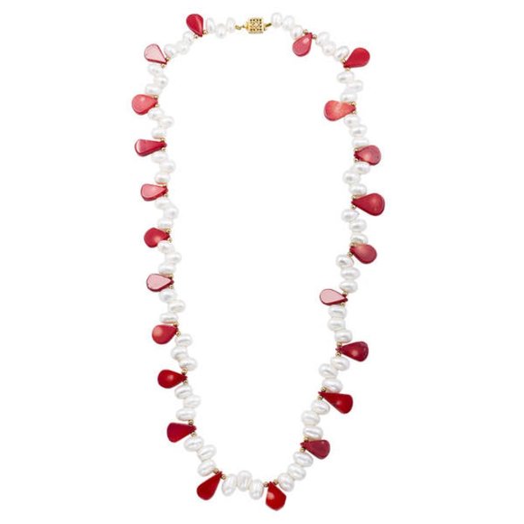 Red Teardrop Bamboo Coral and White Biwa Pearl with Gold Bead Necklace - Picture 2 of 6